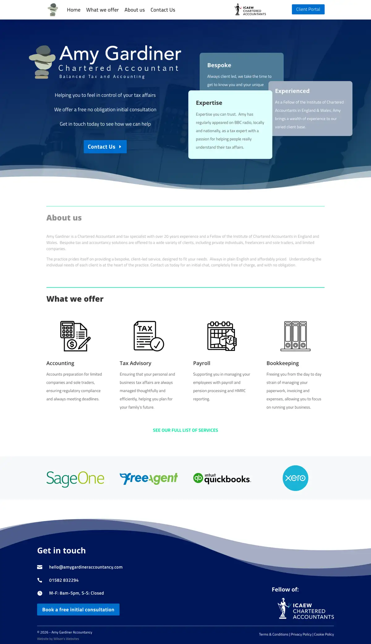 The Amy Gardiner Accountancy website, from the header down the page.