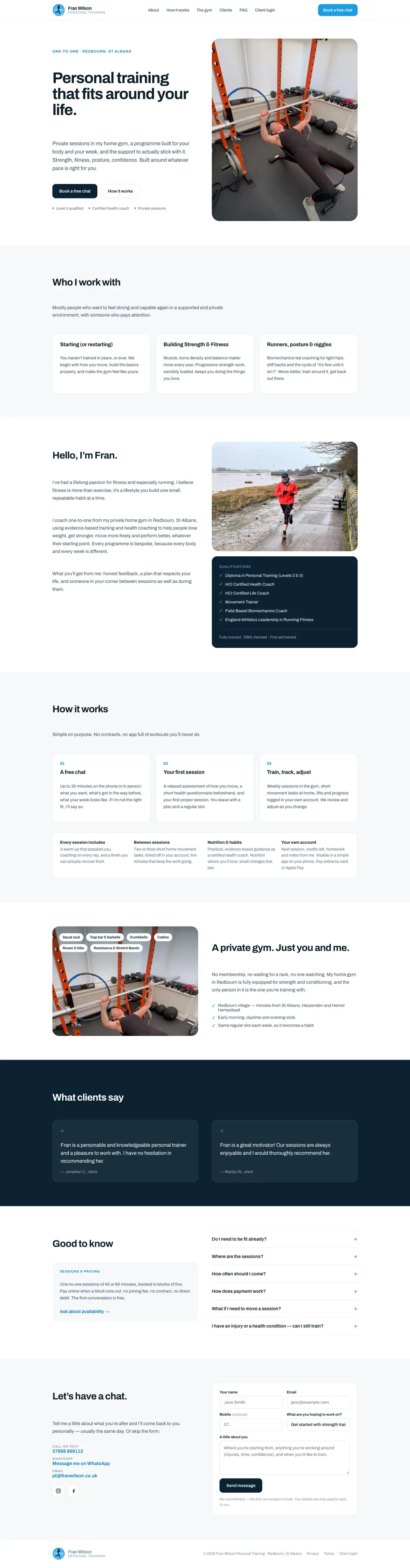 The Fran Wilson Personal Training website, from the header down the page.