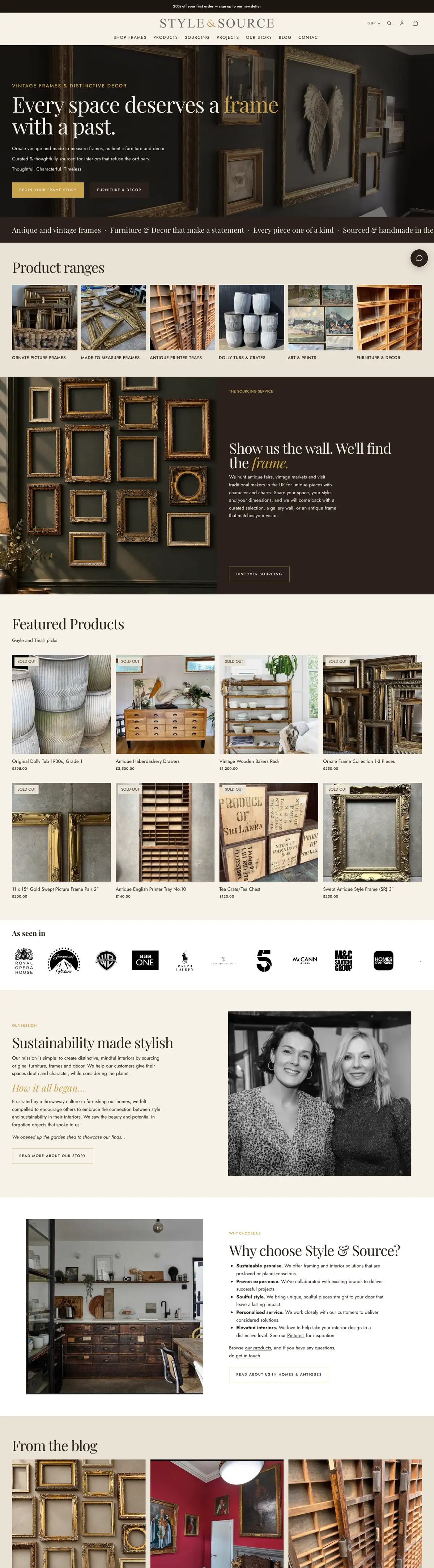 The Style & Source website, from the header down the page.